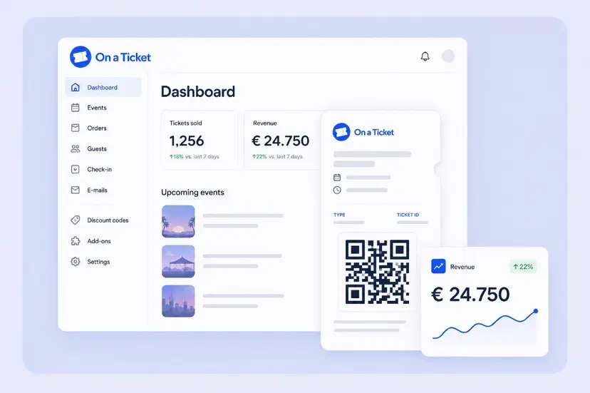 On a Ticket organisatordashboard met digitaal ticket en omzet