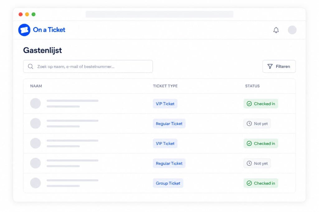 Guest list with ticket types and check-in status